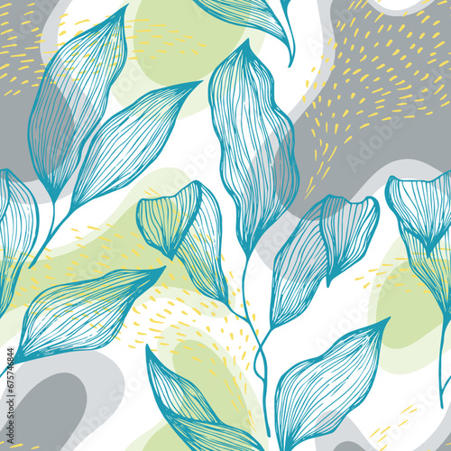 Sketch style doodle line texture leaves over stains and dots seamless vector ...