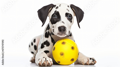 Cute Dalmatian dog holding a yellow ball in the mouth. photo