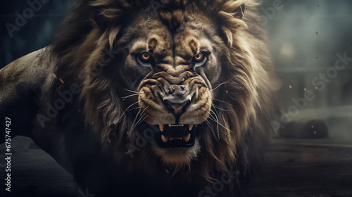 Fierce lion snarling with a powerful gaze in a misty, dark setting. © RISHAD
