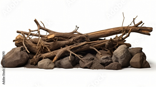 Decorative dry rotten branches in soil dirt pile.