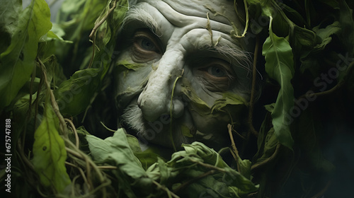 Mystical face camouflaged within verdant leaves, evoking nature's spirit.