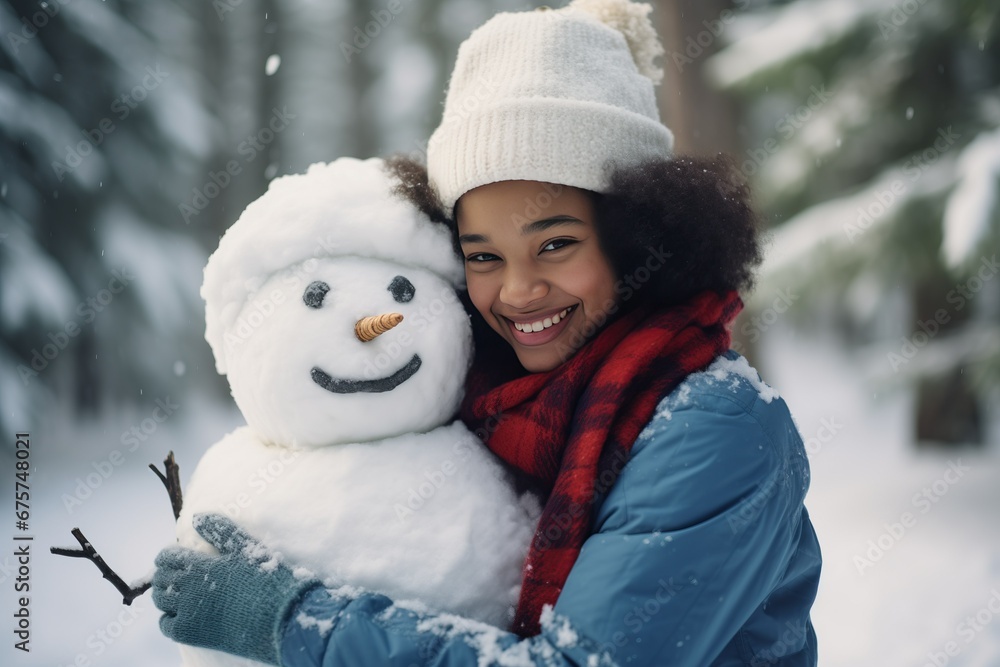 portrait of a cute Afro American girl building a snowman in a snowed forest. portrait of a cute Afro American girl building a snowman in a snowed forest.