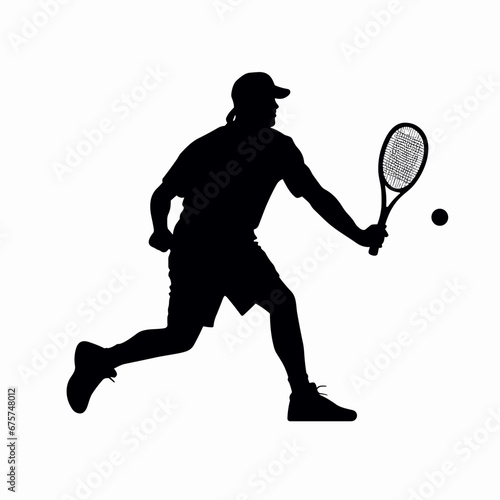 Tennis player black icon on white background. Male tennis player silhouette