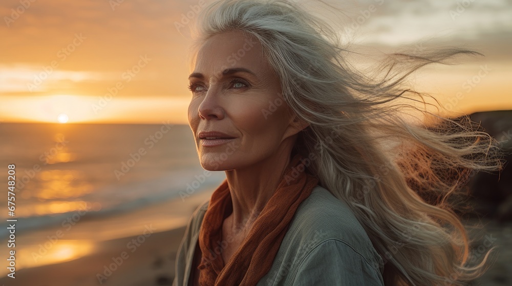 elderly woman against the background of the sea