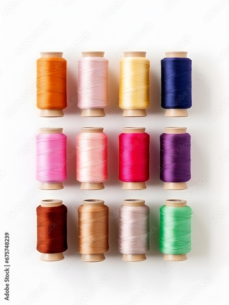 Top view of colorful sewing threads on white background Top view of colorful sewing threads on white background
