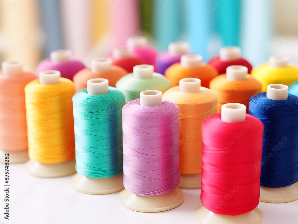 Close up of colorful sewing threads with blurred background Close up of colorful sewing threads with blurred background