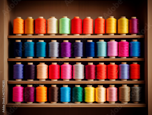 Colorful sewing threads in a wooden shelf