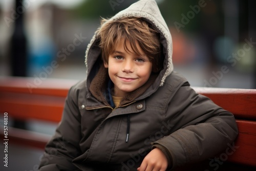 Portrait of a cute little boy in a coat and hood.