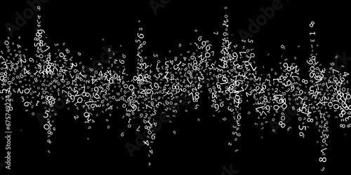 Falling numbers, big data concept. Binary white messy flying digits. Modern futuristic banner on black background. Digital illustration with falling numbers.