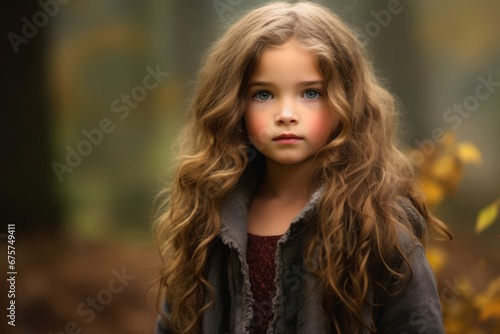 Portrait of a beautiful little girl with long hair in autumn forest