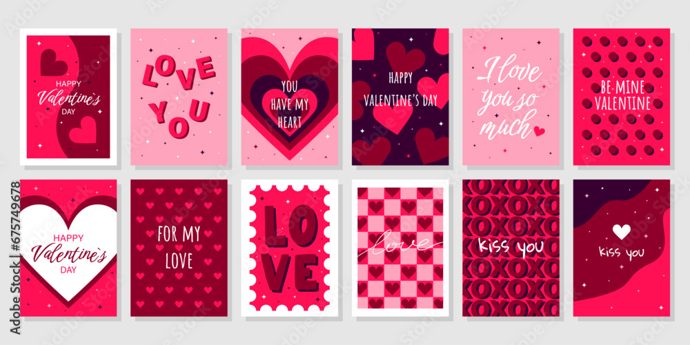 © Anastasia - Big set Valentine's Day greeting cards. Hand drawn trendy cartoon heart, love lettering. Vector illustration