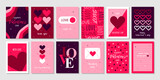 Big set Valentine's Day greeting cards. Hand drawn trendy cartoon heart, love lettering. Vector illustration	