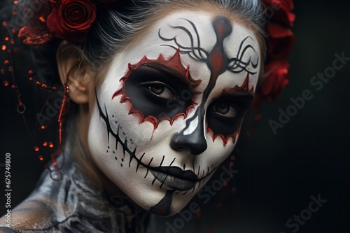 young woman face with dark skull carnival makeup on Mexican Day of the Dead closeup