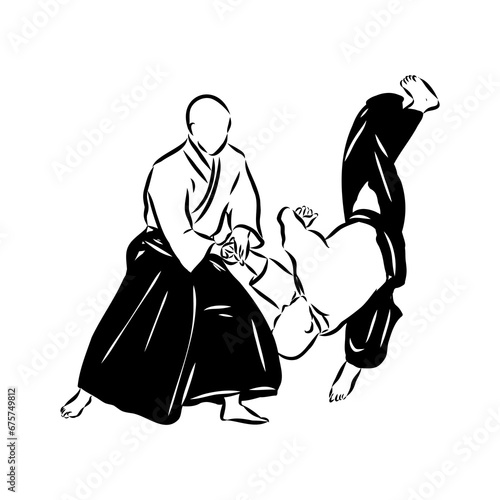 Aikido combat between athletes, stylized vector illustration