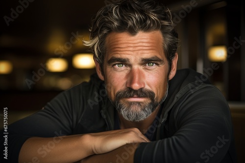 Portrait of handsome man with long beard and mustache in black shirt