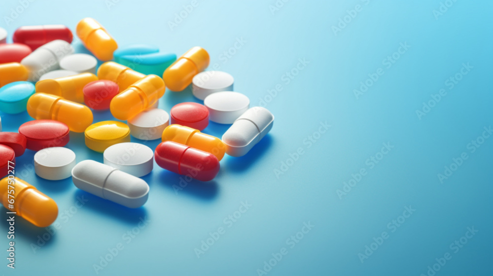 ソフトブルーの背景にカラフルな薬の錠剤抗生物質の錠剤GenerativeAI