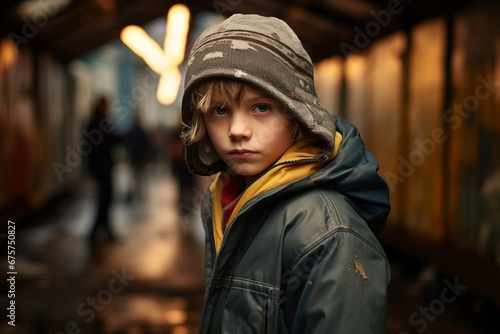 Portrait of a cute little boy in a winter jacket on the street. © Nerea