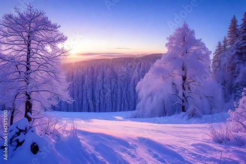 winter panorama landscape with forest, trees covered snow and sunrise. winter morning of a new day. purple winter landscape with sunset