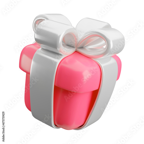 Vector 3d gift box icon. Cute realistic holiday pink present with silver ribbon, bow isolated on white. Minimal 3d render surprise illustration for Valentines day, Mothers Day, Girls birthday, wedding