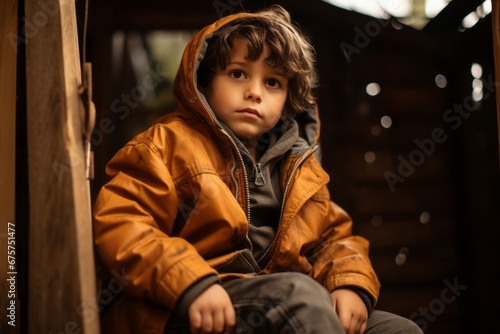 Cute little boy in a yellow jacket sits on a wooden bench