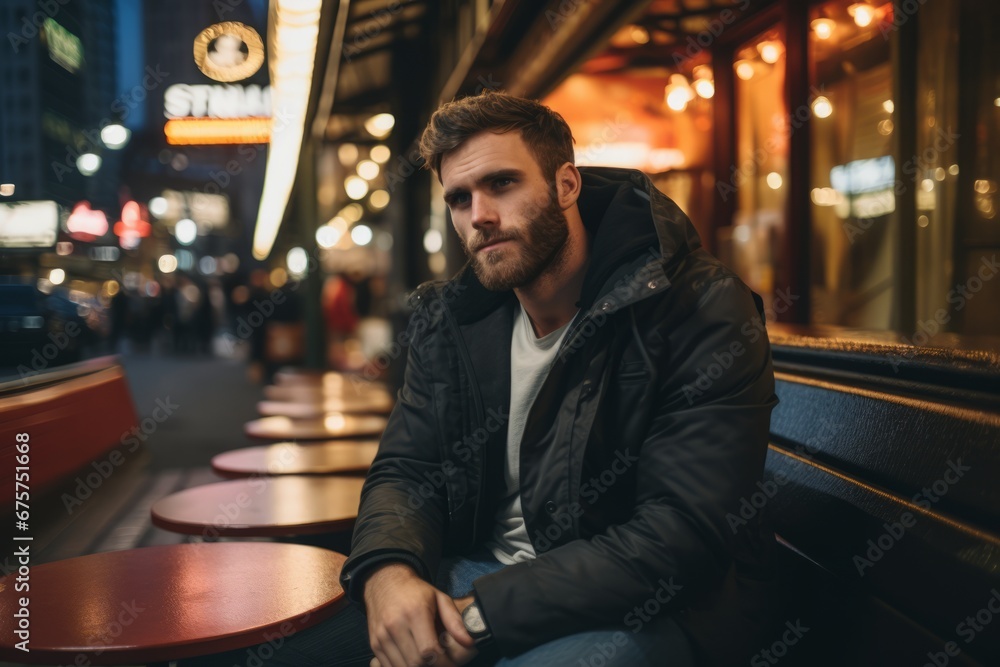 Handsome young man with beard sitting in a street cafe at night