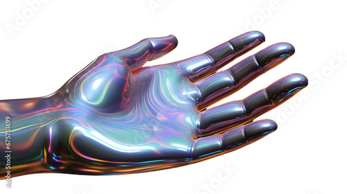 3d rendered chrome metal hand isolated on transparent background. Psychedelic aesthetic. photo