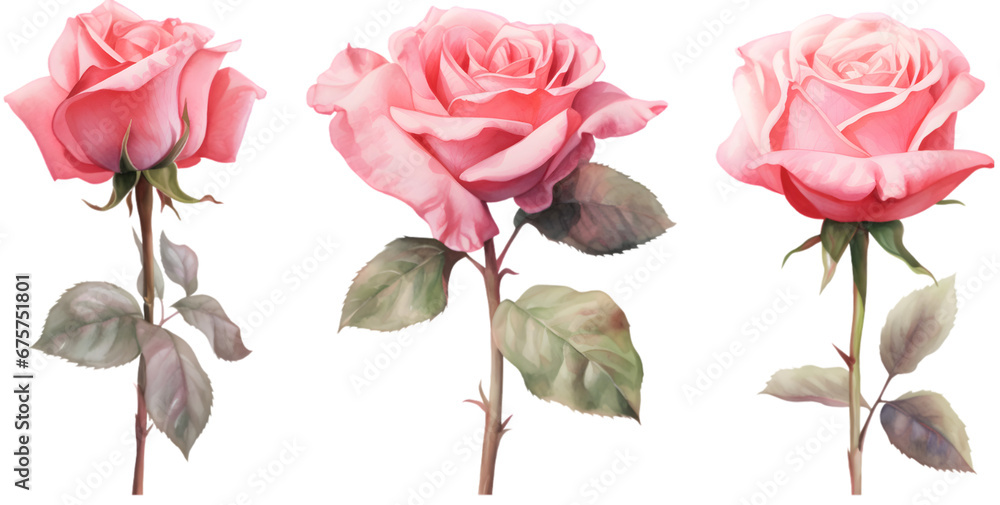 Φωτογραφία Set of watercolor pink roses illustration on transparent background