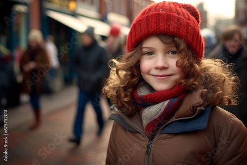 Portrait of a beautiful little girl in a red hat and scarf on the street