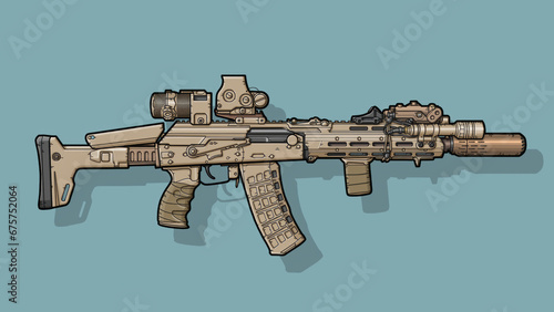 Close-up of a black AK 105 rifle with tactical tuning and collimator sight, magnifier, flashlight, tactical laser unit, handle and silencer on an isolated blue background, line Art white photo