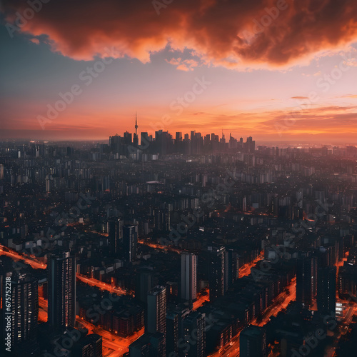 Mystical Sunset Over Urban Horizon  Urban panorama with fiery-orange skies. generative AI