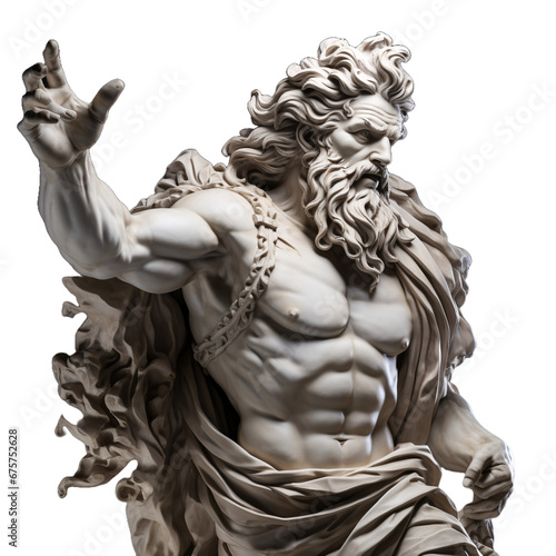 Ancient Greek god statue, antique Zeus sculpture isolated on white transparent background, historical monument photo