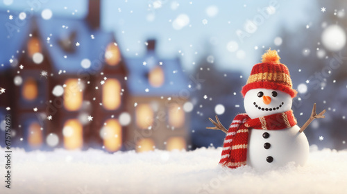 Winter background with houses lights snowfall and snowman