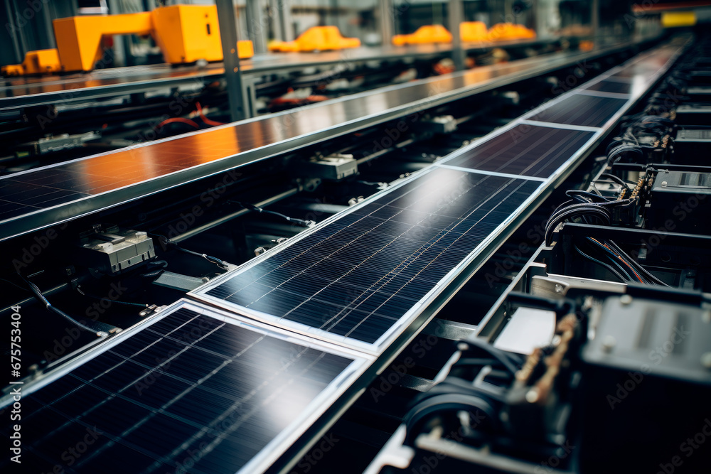 Production of solar panels. Green energy concept. Modern production factory or plant. Production of solar panels. Green energy concept. Modern production factory or plant.