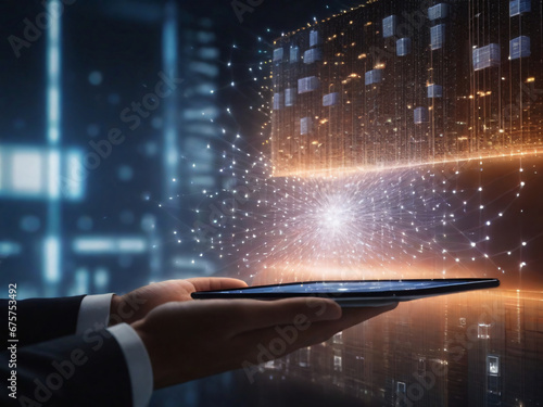 A businessman holding a tablet and looking at a virtual blockchain network with data fields floating around him. A close up shoot of hands and tablet