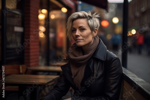 Portrait of a middle-aged woman with short hair wearing a leather jacket and scarf sitting in a street cafe.