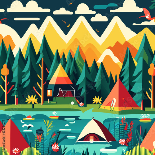 Seamless pattern with camping tents, forest and lake. Vector illustration