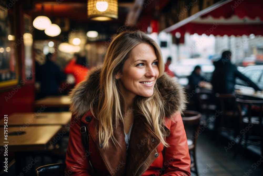 Beautiful young woman in red jacket sitting in a cafe on the street