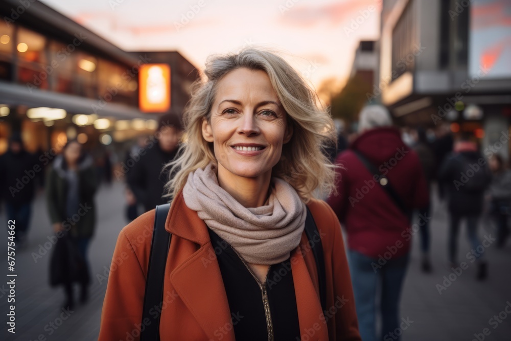 Portrait of smiling middle-aged woman in a city street. Portrait of smiling middle-aged woman in a city street.