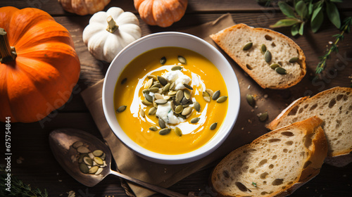 Flatlay of fresh pumpkin soup garnished with sour.