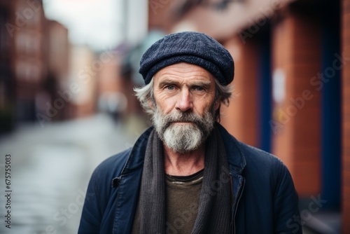 Portrait of a senior man with grey beard and hat on a city street.