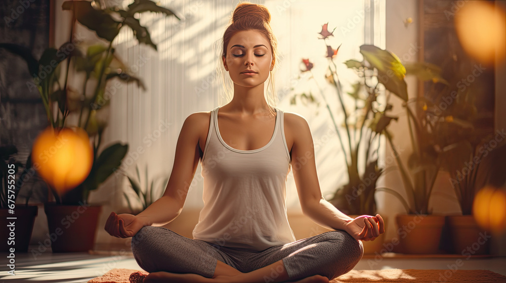 Woman Practicing Mindful Meditation at Home for Stress Relief Woman Practicing Mindful Meditation at Home for Stress Relief