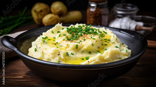 Fluffy mashed potatoes with chives and butter.