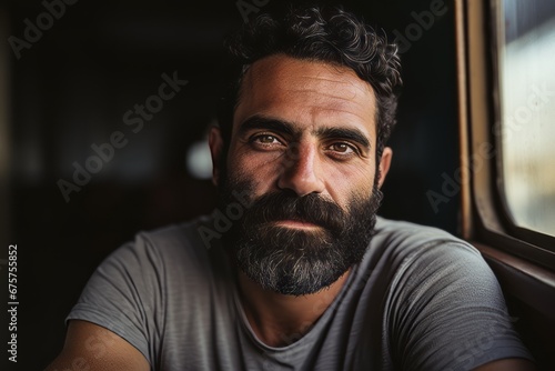 Portrait of handsome man with beard and mustache looking at camera.