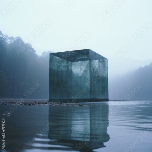 Un cuadrado gigante y transparente en mitad de un lago con niebla densa photo