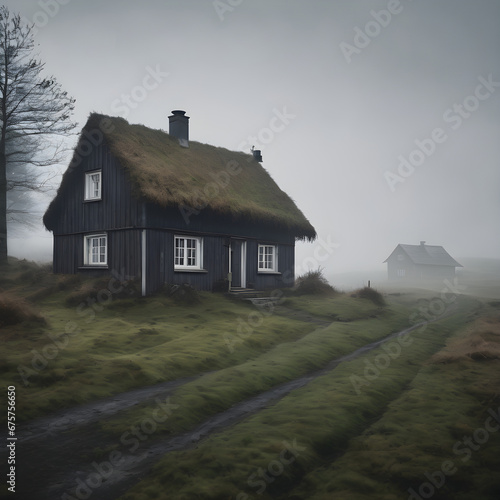 Rural Tranquility: Hazy Countryside Cottage. generative AI © EVISUAL