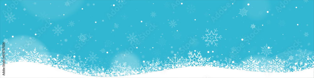 Bannière - Neige qui tombe - Illustrations de flocons de neige sur fond bleu - Arrière-plan pour les fêtes de fin d'année et les vacances d'hiver - Paysage hivernal enneigé - Vecteur éditable - obrazy, fototapety, plakaty 