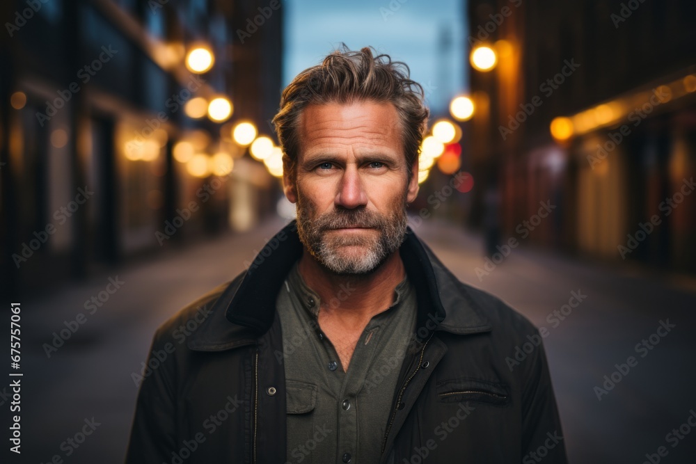 Portrait of a handsome middle-aged man with a beard on a city street. Portrait of a handsome middle-aged man with a beard on a city street.