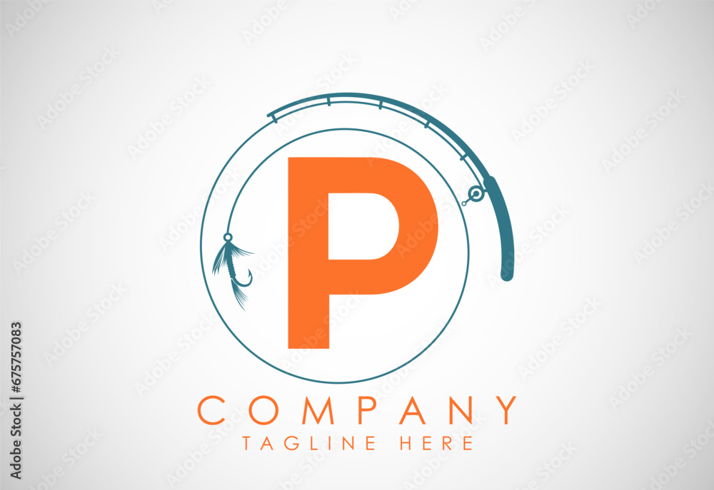 Obraz premium Initial alphabet P with fishing rod and hook. Fishing logo concept vector illustration.