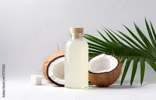 coconuts and coconut oil with tropical leaves onwhite bathroom background