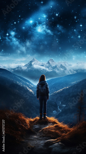 A girl stands on a mountain and looks at the starry night sky. Vertical background.